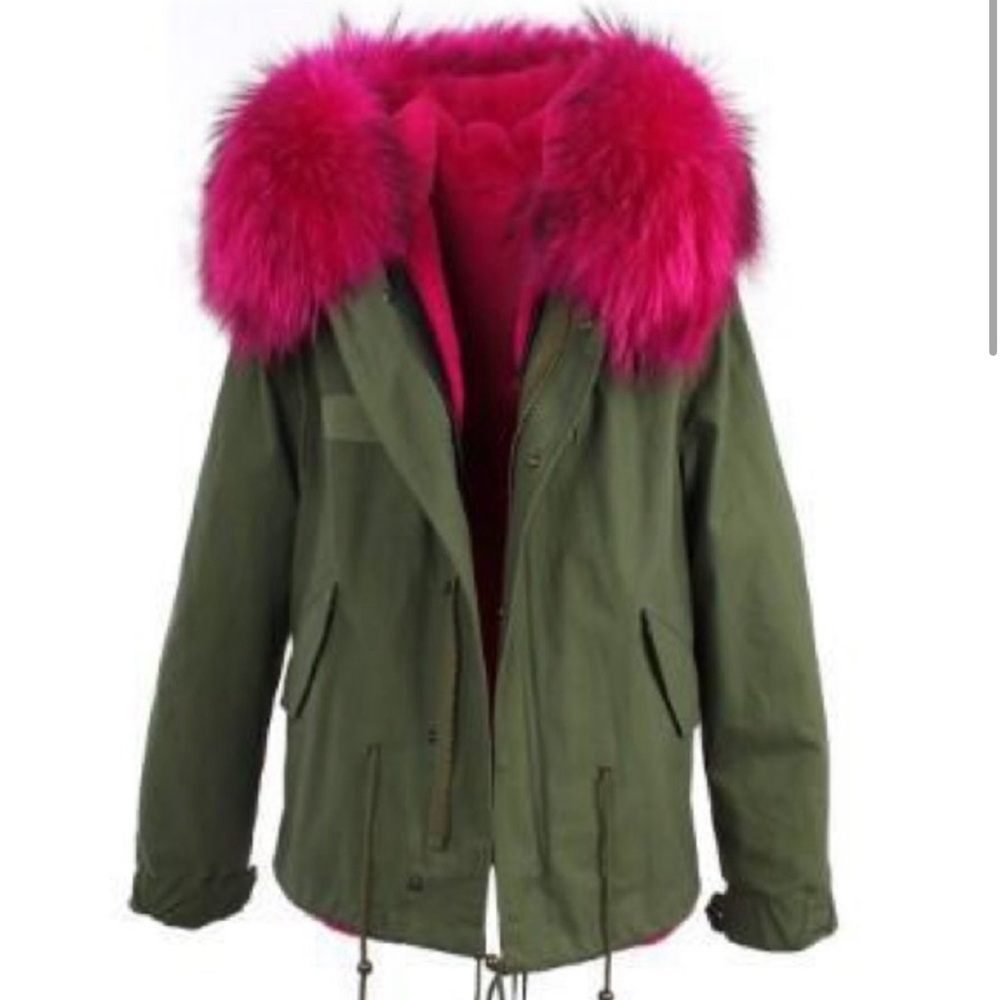Army green jacket real fur hood